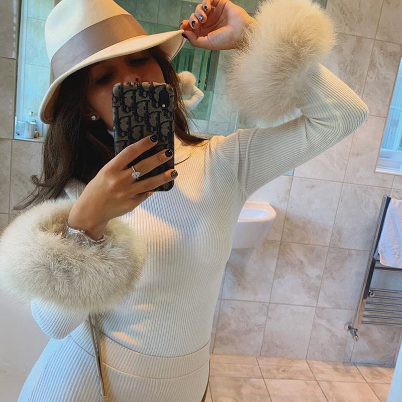 FASHION - White Fur Cuff Long Sleeve Slim Fitted Turtleneck Sweater –  Angelique