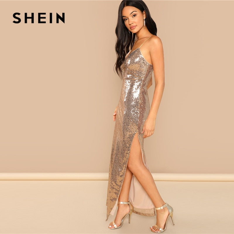 SHEIN - Gold Party Backless Split Maxi Dress – Angelique