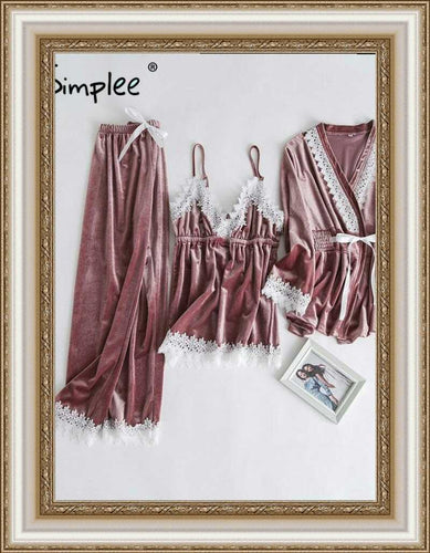 Simplee - Gold velvet two piece pajamas set