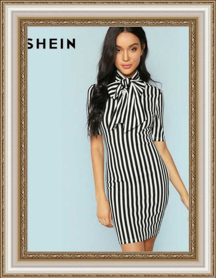 SHEIN - Black And White Striped Pencil Dress