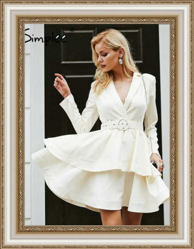 Simplee - Elegant ruffle turndown white dress