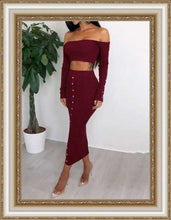 Load image into Gallery viewer, Glamaker -  Off shoulder metal button KNITTED Two piece set
