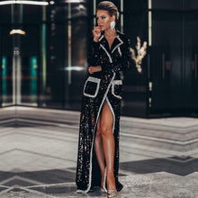 Load image into Gallery viewer, FASHION- Elegant Trench Coats Black Sequin Deep V Long Sleeve Double Breasted Long  Coat