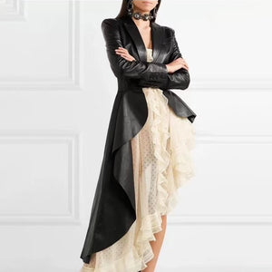 FASHION- Leather Women's Trench Long Sleeve Sashes Irregular Hem Windbreaker