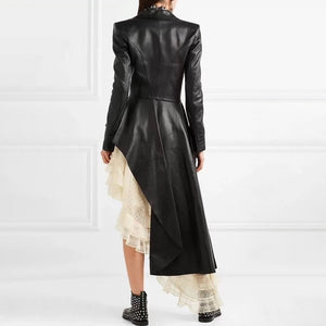 FASHION- Leather Women's Trench Long Sleeve Sashes Irregular Hem Windbreaker