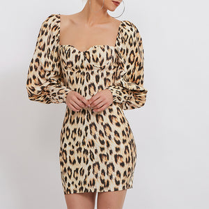 FASHION-  Elegant leopard puff sleeve party dress