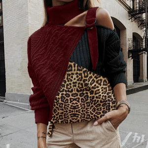 FASHION - Leopard Patchwork Turtleneck Sweater