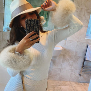 FASHION - White Fur Cuff Long Sleeve Slim Fitted Turtleneck Sweater