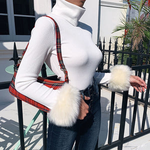 FASHION - White Fur Cuff Long Sleeve Slim Fitted Turtleneck Sweater