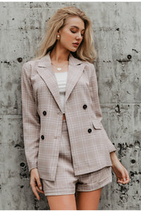 SIMPLEE - Two-piece blazer women suits Double breasted plaid casual female blazer shorts set