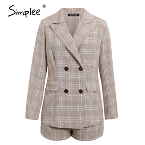 SIMPLEE - Two-piece blazer women suits Double breasted plaid casual female blazer shorts set