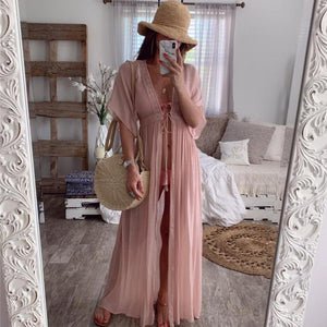 FASHION - Summer Solid Lace Beach Cover Up Long Cardigan