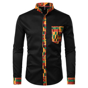 FASHION -  Mens Shirt Patchwork Pocket Africaine Print
