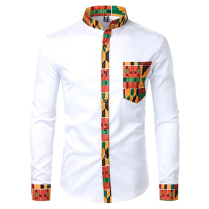 FASHION -  Mens Shirt Patchwork Pocket Africaine Print