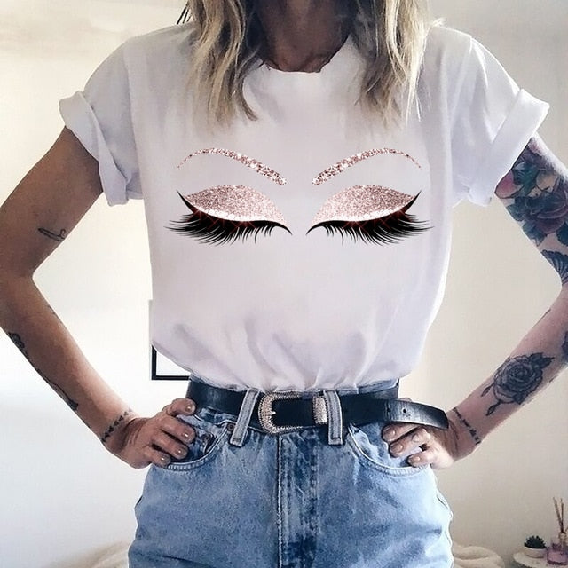 FASHION - Princess Makeup Art Pink Eyelashes Print Vogue  T-shirt