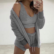 Load image into Gallery viewer, 3 -Piece Velvet Plush Hooded set, Cardigan Coat+Shorts+Crop Top