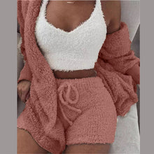 Load image into Gallery viewer, 3 -Piece Velvet Plush Hooded set, Cardigan Coat+Shorts+Crop Top