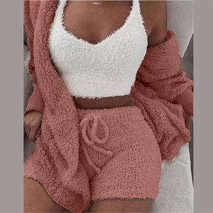 3 -Piece Velvet Plush Hooded set, Cardigan Coat+Shorts+Crop Top
