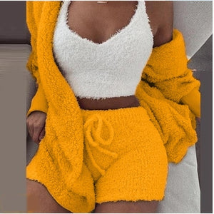 3 -Piece Velvet Plush Hooded set, Cardigan Coat+Shorts+Crop Top