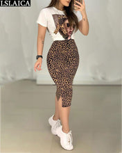 Load image into Gallery viewer, 2 Peice set - Fashion Leopard Print T-shirt+skirt