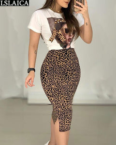 2 Peice set - Fashion Leopard Print T-shirt+skirt