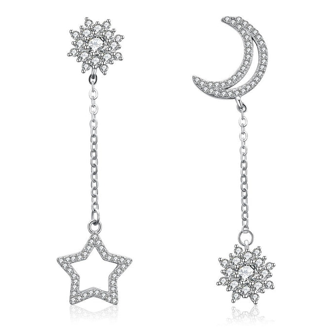 S925 Silver Asymmetrical Star Moon Earrings