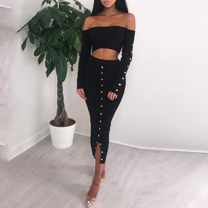 Glamaker -  Off shoulder metal button KNITTED Two piece set