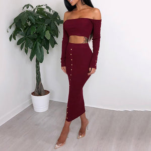 Glamaker -  Off shoulder metal button KNITTED Two piece set
