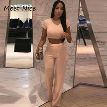 Load image into Gallery viewer, 2 Two Piece Set Women Ribbed O Neck Crop Top and Long Pants Set