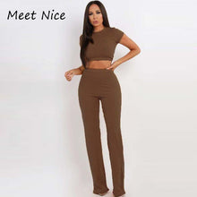 Load image into Gallery viewer, 2 Two Piece Set Women Ribbed O Neck Crop Top and Long Pants Set