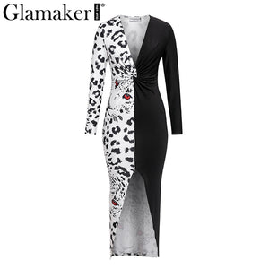 Glamaker Deep v-neck Leopard print patchwork long dress